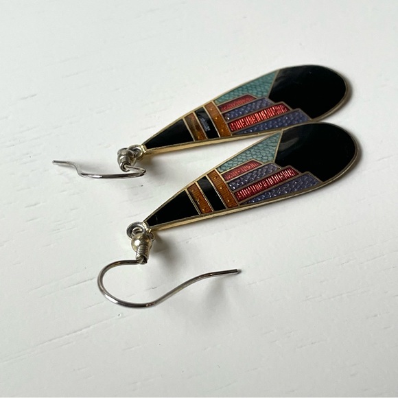 🎰Vintage Pierre Bex-style Art Deco enamel teardrop dangle earrings - Picture 6 of 10